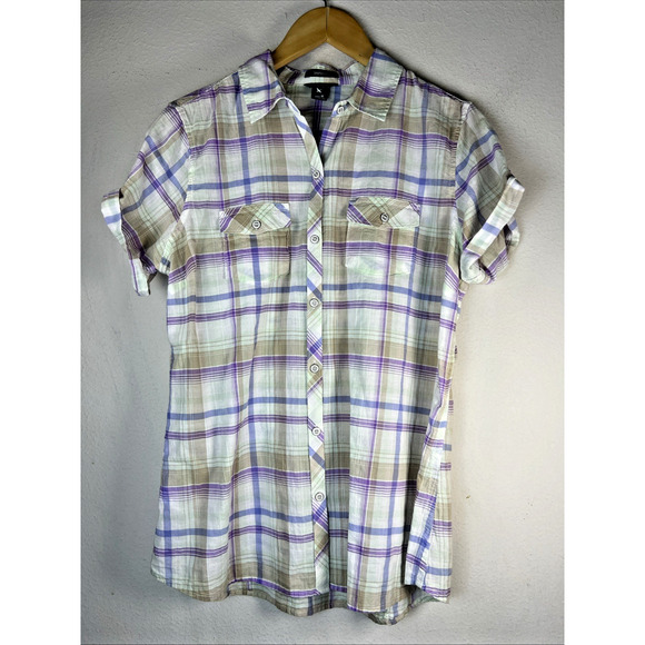 Eddie Bauer Shirt Women's Medium Blue Short Sleeve shaped fit button up pockets - Picture 4 of 11